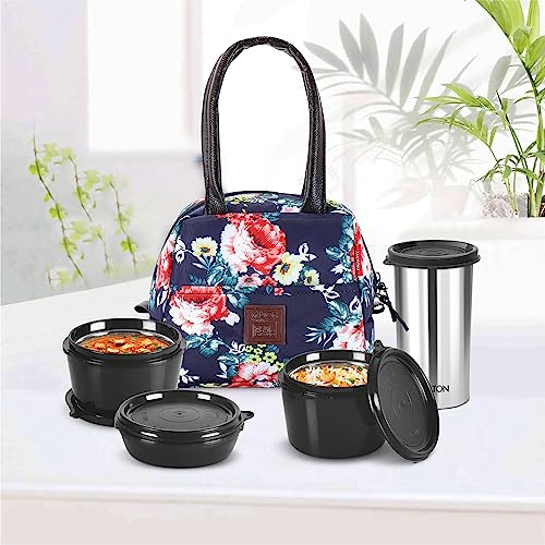 MILTON Floret Lunch Box with Insulated Fabric Jacket, 3 Microware Safe Inner Stainless Steel Containers 180ml, 320ml, 320ml &Tumbler with lid 415ml, Leakproof Tiffin for Office, College, Navy Blue - Image 7