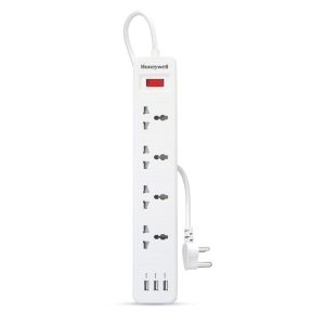 Honeywell 4 Outlet Extension Board with Master Switch, 6 Amps, 250V, 3xUSB, 4 International Sockets, Pure Copper, 6 Advanced Safety Features, 2 Mtr Power Cord, BIS Certified, 1 yr Warranty