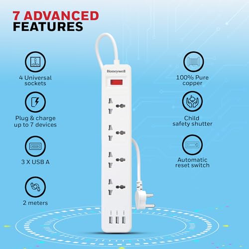 Honeywell 4 Outlet Extension Board with Master Switch, 6 Amps, 250V, 3xUSB, 4 International Sockets, Pure Copper, 6 Advanced Safety Features, 2 Mtr Power Cord, BIS Certified, 1 yr Warranty - Image 2
