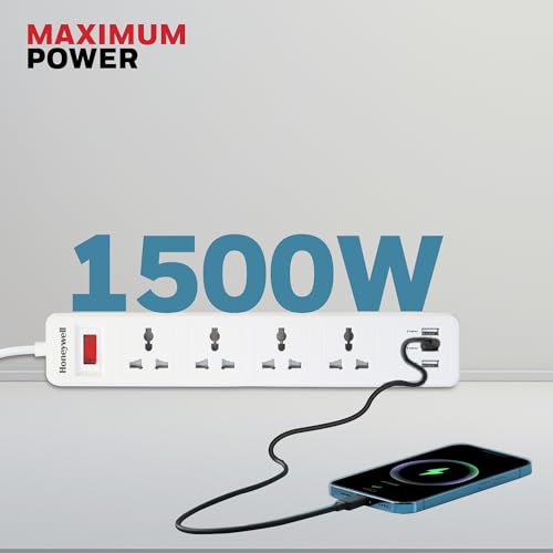 Honeywell 4 Outlet Extension Board with Master Switch, 6 Amps, 250V, 3xUSB, 4 International Sockets, Pure Copper, 6 Advanced Safety Features, 2 Mtr Power Cord, BIS Certified, 1 yr Warranty - Image 3