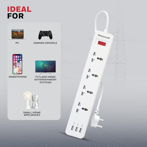 Honeywell 4 Outlet Extension Board with Master Switch, 6 Amps, 250V, 3xUSB, 4 International Sockets, Pure Copper, 6 Advanced Safety Features, 2 Mtr Power Cord, BIS Certified, 1 yr Warranty - Image 5