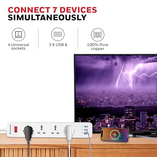 Honeywell 4 Outlet Extension Board with Master Switch, 6 Amps, 250V, 3xUSB, 4 International Sockets, Pure Copper, 6 Advanced Safety Features, 2 Mtr Power Cord, BIS Certified, 1 yr Warranty - Image 7