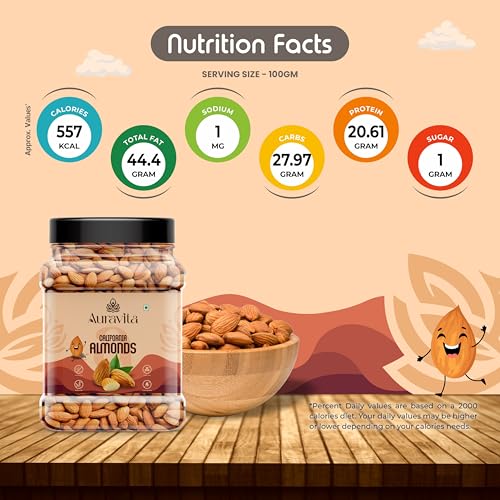 Auravita California Almonds 500gm | Crunchy & Healthy Dry Fruit, Premium Badam Giti for Daily Nutrition | Healthy Diet Snacking Resealable Jar Pack Of 1 - Image 4