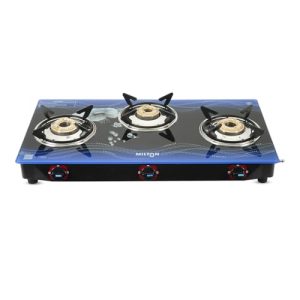 MILTON Premium 3 Burner BLUE Manual Ignition Glass Top Gas Stove, (ISI Certified)