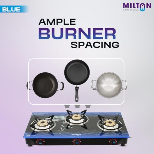 MILTON Premium 3 Burner BLUE Manual Ignition Glass Top Gas Stove, (ISI Certified) - Image 3