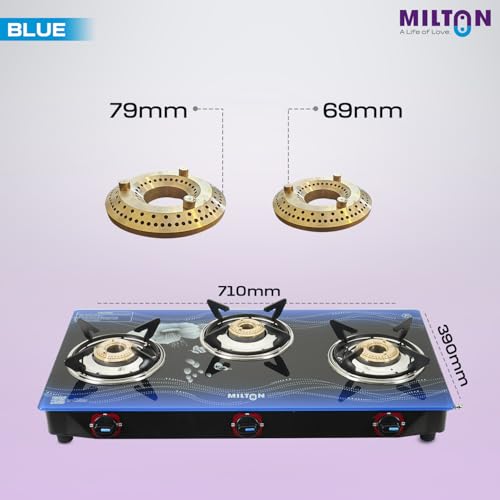 MILTON Premium 3 Burner BLUE Manual Ignition Glass Top Gas Stove, (ISI Certified) - Image 6