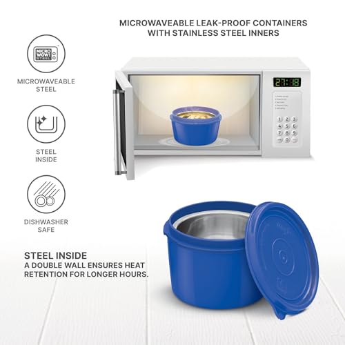 MILTON Decker Lunch Box with Insulated Fabric Jacket, 2 Inner Stainless Steel Containers 450 ml Each & 1 Oval Stainless Steel 450 ml, Microwave Safe, Leak-Proof Tiffin for Office, Easy to Carry, Blue - Image 5