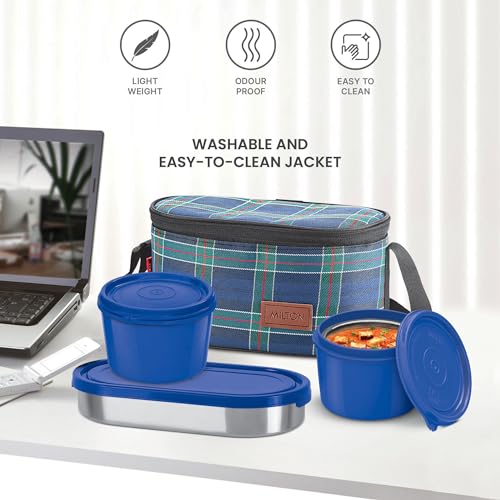 MILTON Decker Lunch Box with Insulated Fabric Jacket, 2 Inner Stainless Steel Containers 450 ml Each & 1 Oval Stainless Steel 450 ml, Microwave Safe, Leak-Proof Tiffin for Office, Easy to Carry, Blue - Image 6
