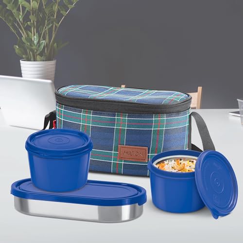 MILTON Decker Lunch Box with Insulated Fabric Jacket, 2 Inner Stainless Steel Containers 450 ml Each & 1 Oval Stainless Steel 450 ml, Microwave Safe, Leak-Proof Tiffin for Office, Easy to Carry, Blue - Image 7