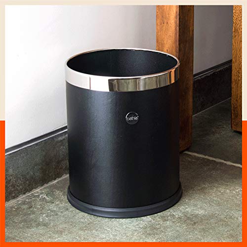 Bathla Stainless Steel Leather Waste Bins | Garbage Trash Can | Round Shape| Dustbin For Home, Bathroom, Kitchen, Office | 8 Litre - Black