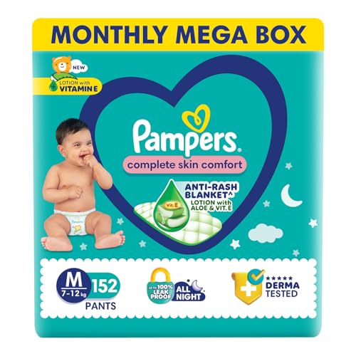 Pampers Complete Skin Comfort Pants| Pant style Diaper Medium, 152 count| Anti-Rash blanket lotion with Vit E and Aloe Vera | All night protection with leak proof technology( 76 Count, Pack of 2)