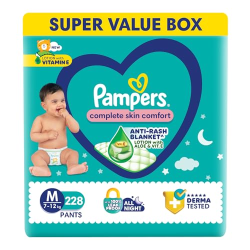 Pampers Complete Skin Comfort Pants| Pant style Diaper Medium, 228 count| Anti-Rash blanket lotion with Vit E and Aloe Vera | All night protection with leak proof technology(76 Count, Pack of 3)