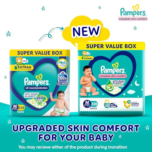 Pampers Complete Skin Comfort Pants| Pant style Diaper Medium, 228 count| Anti-Rash blanket lotion with Vit E and Aloe Vera | All night protection with leak proof technology(76 Count, Pack of 3) - Image 3