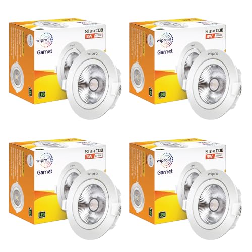 wipro Garnet 3 W Slim COB Downlight for False Ceiling | Warm White (2700 K) | Ceiling or Cabinet Light with Adjustable Optics | Pack of 4