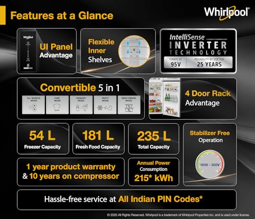 Whirlpool 235 L 3 Star Convertible Frost Free inverter Double Door Refrigerator (IF INV 278 RADIANT STEEL(3S) CONV-TL) - Image 3
