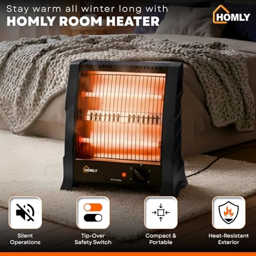 Homly Ritz 800 Watts Halogen Room Heater with Dual Heating Tubes | ISI Approved | Dual Heating Settings For 400W & 800 W | Cool Touch Shockproof Body with High Thermal Protection - Black - Image 5