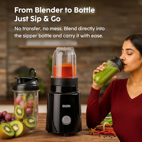 Glen Active Blender | Grinder & Juicer Smoothie Maker | 350W, 2 Unbreakable Jars with Sipper Cap, Stainless Steel Blades | Dry & Wet Grinding, Blender for Coffee, Chutney & Protein Shakes - 500ml - Image 3