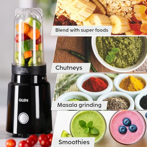 Glen Active Blender | Grinder & Juicer Smoothie Maker | 350W, 2 Unbreakable Jars with Sipper Cap, Stainless Steel Blades | Dry & Wet Grinding, Blender for Coffee, Chutney & Protein Shakes - 500ml - Image 5