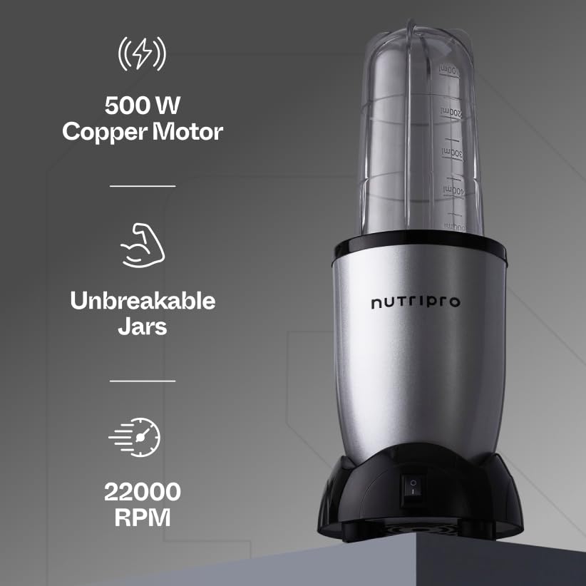 NutriPro Juicer Mixer Grinder - Smoothie Maker - 500 Watts (3 Jars & 2 Blades, Silver) - 2 Year Warranty - Image 3