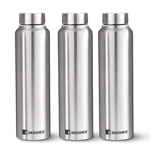 Bergner Walking Stainless Steel 3 Pcs (1000ml Each) Water Bottles with Screw Cap, Rustproof, Airtight & Leakproof Steel Bottle Set of 3, for Office, Home, College, Gym, Travel, Easy to Carry - Silver