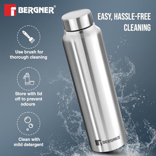 Bergner Walking Stainless Steel 3 Pcs (1000ml Each) Water Bottles with Screw Cap, Rustproof, Airtight & Leakproof Steel Bottle Set of 3, for Office, Home, College, Gym, Travel, Easy to Carry - Silver - Image 3