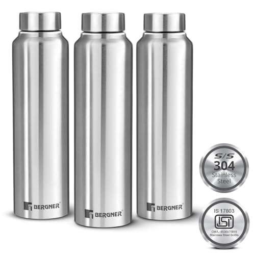 Bergner Walking Stainless Steel 3 Pcs (1000ml Each) Water Bottles with Screw Cap, Rustproof, Airtight & Leakproof Steel Bottle Set of 3, for Office, Home, College, Gym, Travel, Easy to Carry - Silver - Image 5