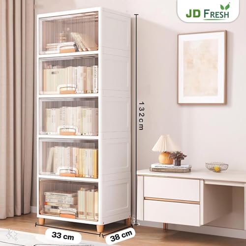 JD FRESH 5 Tier Foldable Plastic Rack for Storage/Kitchen Cupboard/Versatile and Sturdy Wardrobe for Clothes/Multipurpose Storage Organizer/Closet for Bedroom/Living Room/Laundry Room (Transparent) - Image 3