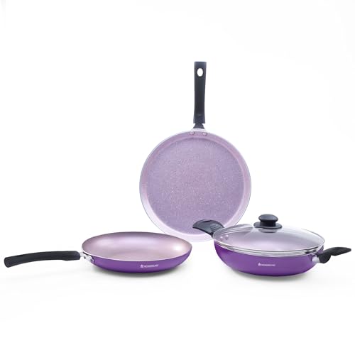 Wonderchef Valencia Non-Stick Cookware 4 Piece Set | Kadhai with Lid 24 cm, Fry Pan 24 cm, Dosa Tawa 28 cm | Pure Grade Aluminium| PFOA Free| 2 Years Warranty | Purple
