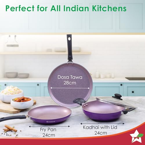 Wonderchef Valencia Non-Stick Cookware 4 Piece Set | Kadhai with Lid 24 cm, Fry Pan 24 cm, Dosa Tawa 28 cm | Pure Grade Aluminium| PFOA Free| 2 Years Warranty | Purple - Image 3