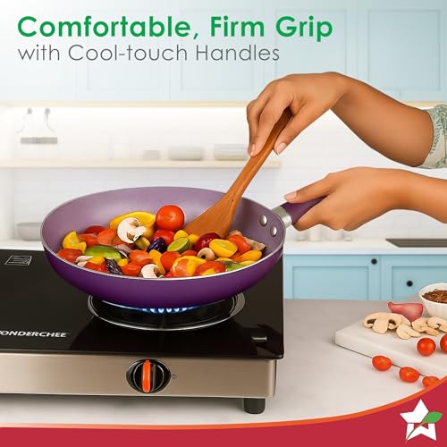 Wonderchef Valencia Non-Stick Cookware 4 Piece Set | Kadhai with Lid 24 cm, Fry Pan 24 cm, Dosa Tawa 28 cm | Pure Grade Aluminium| PFOA Free| 2 Years Warranty | Purple - Image 5