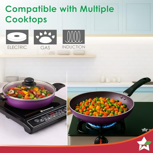 Wonderchef Valencia Non-Stick Cookware 4 Piece Set | Kadhai with Lid 24 cm, Fry Pan 24 cm, Dosa Tawa 28 cm | Pure Grade Aluminium| PFOA Free| 2 Years Warranty | Purple - Image 6