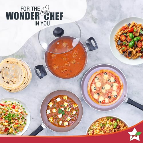 Wonderchef Valencia Non-Stick Cookware 4 Piece Set | Kadhai with Lid 24 cm, Fry Pan 24 cm, Dosa Tawa 28 cm | Pure Grade Aluminium| PFOA Free| 2 Years Warranty | Purple - Image 7
