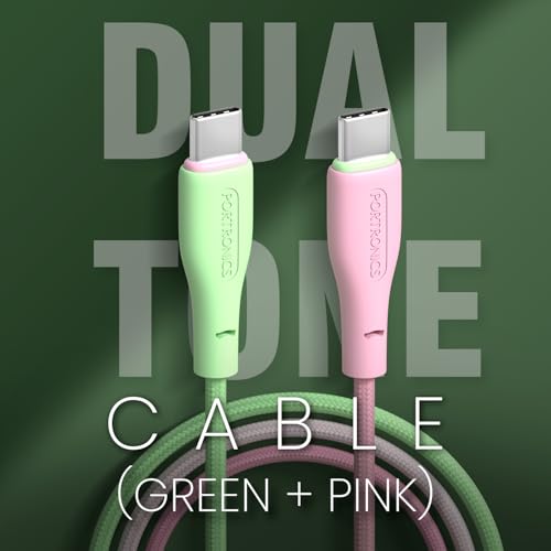 Portronics Hue x 60W Dual Tone Colour Type C Fast Charging Cable for Smartphones, Tablets,iPads, Laptops & Other Type C Devices, 480Mbps Data Sync, Premium Braided Cable (Green+Pink) - Image 3
