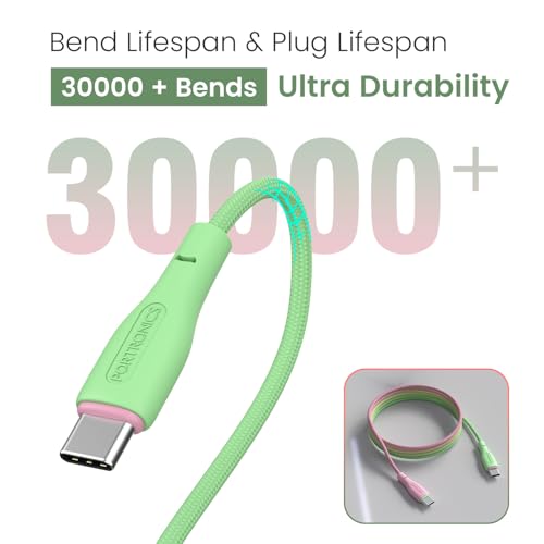 Portronics Hue x 60W Dual Tone Colour Type C Fast Charging Cable for Smartphones, Tablets,iPads, Laptops & Other Type C Devices, 480Mbps Data Sync, Premium Braided Cable (Green+Pink) - Image 4
