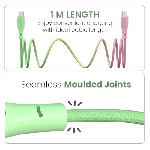 Portronics Hue x 60W Dual Tone Colour Type C Fast Charging Cable for Smartphones, Tablets,iPads, Laptops & Other Type C Devices, 480Mbps Data Sync, Premium Braided Cable (Green+Pink) - Image 5