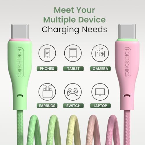 Portronics Hue x 60W Dual Tone Colour Type C Fast Charging Cable for Smartphones, Tablets,iPads, Laptops & Other Type C Devices, 480Mbps Data Sync, Premium Braided Cable (Green+Pink) - Image 6