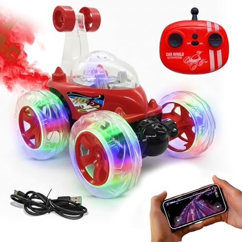 Stunt Racing Car Red | Forward/Backward & Left/Right Steering | LED Lights, Music & Spray Effect | Bluetooth Control | Rechargeable | Best Gift for Boys & Girls 2 3 4 5 6 7 8+ Years
