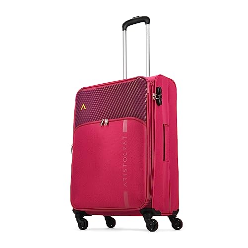 Aristocrat Striker Medium Size Soft Check in Luggage (69 Cm)|Spacious Polyester Trolley with 4 Spinner Wheels and Combination Lock|Dazzling Maroon|Unisex|3 Years Warranty