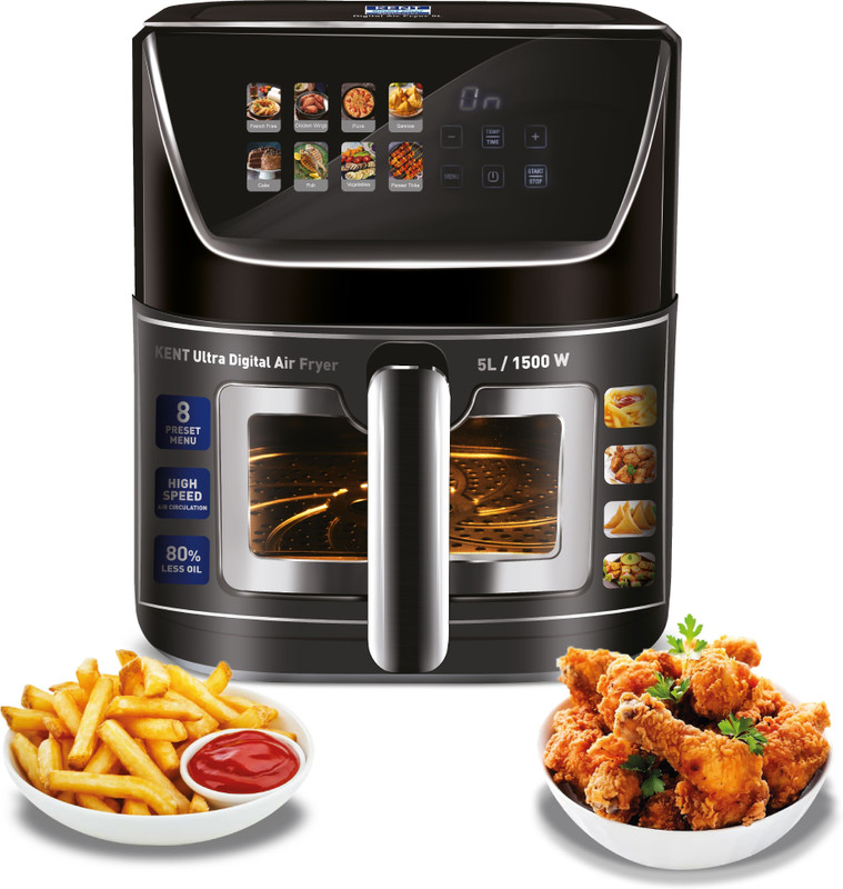 KENT Ultra Digital Air Fryer 5L | 1500W | Bake, Grill & Roast | Up to 80% Less Oil Usage |8 Preset Menu|Rapid Heat Circulation |Digital Display & Touch Control Panel |Glass Window with in built Light Air Fryer(5 L)