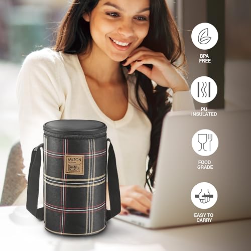 MILTON Lofty Lunch Box with Insulated Fabric Bag, Microwave Safe & Leak Proof, 3 Inner Steel Containers with BPA Free Lids (1 x 320 ml, 2 x 450 ml Each) for Office, School, College - Black - Image 3