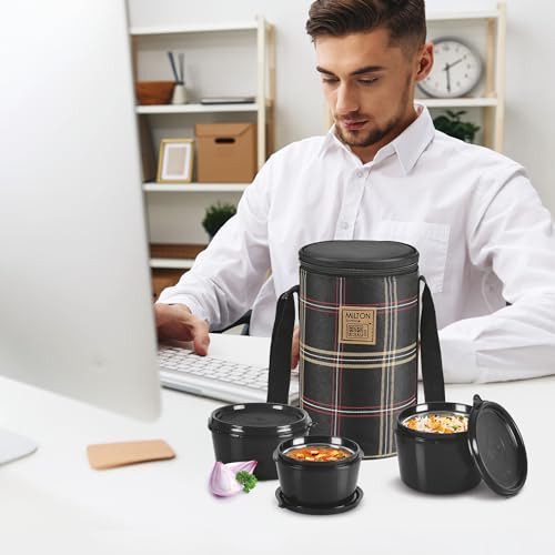 MILTON Lofty Lunch Box with Insulated Fabric Bag, Microwave Safe & Leak Proof, 3 Inner Steel Containers with BPA Free Lids (1 x 320 ml, 2 x 450 ml Each) for Office, School, College - Black - Image 6