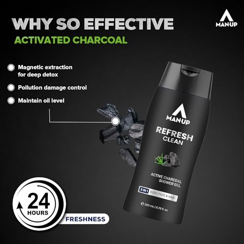 Man-Up Refresh Clean Active Charcoal Shower Gel For Deep Pore Cleaning 3 IN 1 Body, Face & Hair, Removes Dirt, Acne Control, Dark Spot & Oil Control, Anti-Pollution Shower Gel for Men- 200ml - Image 2