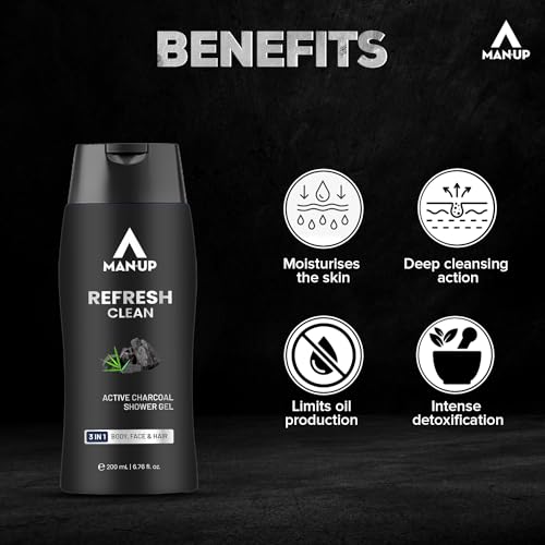 Man-Up Refresh Clean Active Charcoal Shower Gel For Deep Pore Cleaning 3 IN 1 Body, Face & Hair, Removes Dirt, Acne Control, Dark Spot & Oil Control, Anti-Pollution Shower Gel for Men- 200ml - Image 3