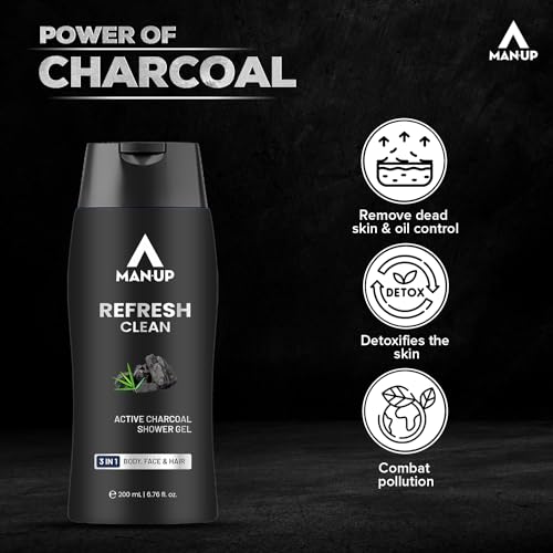 Man-Up Refresh Clean Active Charcoal Shower Gel For Deep Pore Cleaning 3 IN 1 Body, Face & Hair, Removes Dirt, Acne Control, Dark Spot & Oil Control, Anti-Pollution Shower Gel for Men- 200ml - Image 4