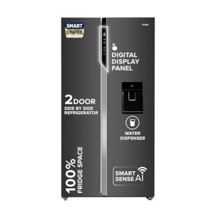Haier SmartChoice 596L 3Star 2-Door Water Dispenser Side by Side Frost Free Refrigerator|Convertible|Smart Sense AI | Expert Inverter|Digital Display Panel (2025 Model, HRS-682WGKU1, Graphite Black)