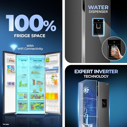 Haier SmartChoice 596L 3Star 2-Door Water Dispenser Side by Side Frost Free Refrigerator|Convertible|Smart Sense AI | Expert Inverter|Digital Display Panel (2025 Model, HRS-682WGKU1, Graphite Black) - Image 3