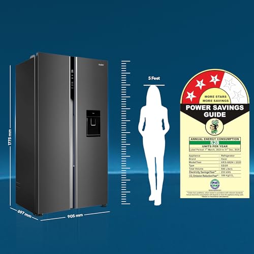 Haier SmartChoice 596L 3Star 2-Door Water Dispenser Side by Side Frost Free Refrigerator|Convertible|Smart Sense AI | Expert Inverter|Digital Display Panel (2025 Model, HRS-682WGKU1, Graphite Black) - Image 7
