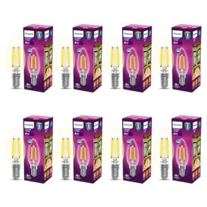 PHILIPS 4-watt Filament Candle LED Bulb | Filament Candle Bulb Home & Decoration|Bulb Base: E14, Color: Warm White|Pack of 8