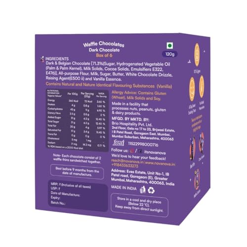 Nova Nova Dark Waffle Chocolates - Box of 6 - Vegetarian, 100% Eggless | No Added Preservatives (120g) - Image 7