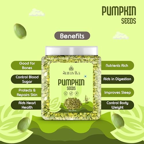 Auravita Premium Pumpkin Seeds 1KG - Natural & Raw Seeds for Eating | Immunity Booster and Protein Rich Seeds | Healthy Diet Snacks Gift Pack - Image 4